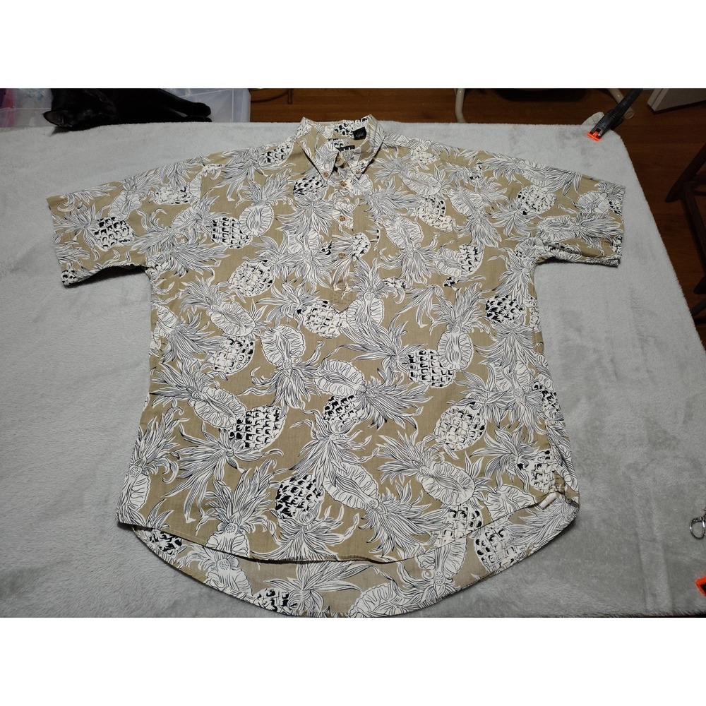 Carlyle Shirt Men L Tan Pineapples Cruise Vacation Golf Tropical 1/4‎ Button